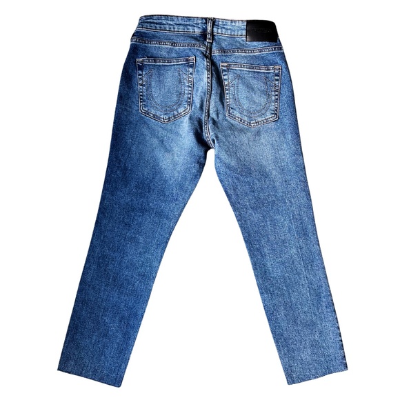 True Religion Colette Slim Straight Jeans Sz 27 Blue Raw Hem Y2K Grunge NWOT - Picture 2 of 8